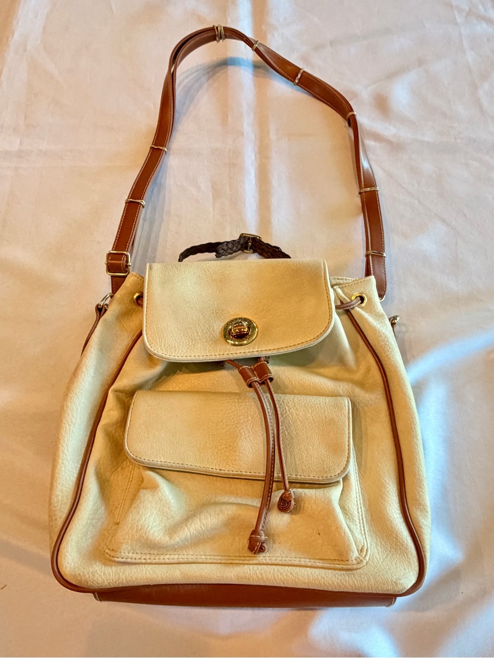 Vintage Mondani Cream and Tan Drawstring Shoulder Bag